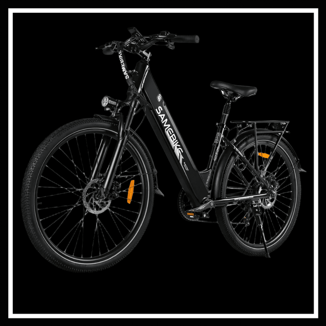 SAMEBIKE RS-A01 PRO electric bicycle with sleek design and modern features on a black background.