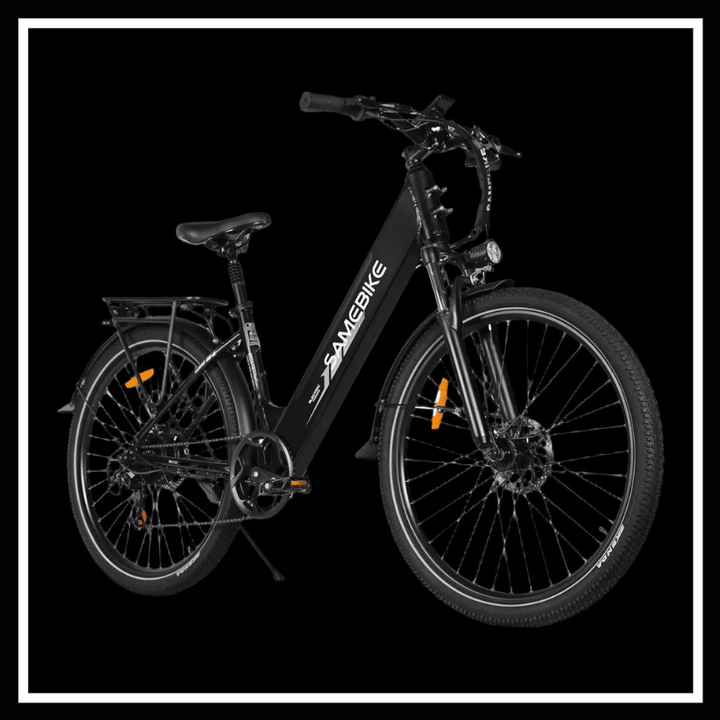 SAMEBIKE RS-A01 PRO electric bicycle in sleek black design, ideal for city commuting and weekend adventures.