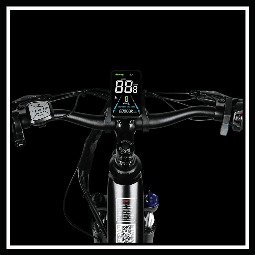 SAMEBIKE RS-A01 PRO electric bicycle display showing speed and battery level.