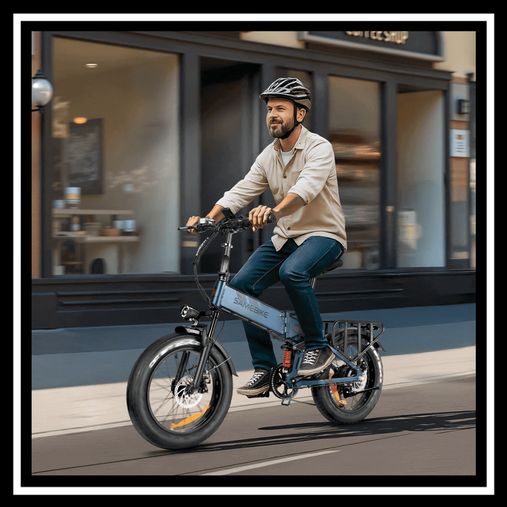 Rider enjoying the Samebike RS-A02 Pro E-Bike on the street, showcasing its design and performance.