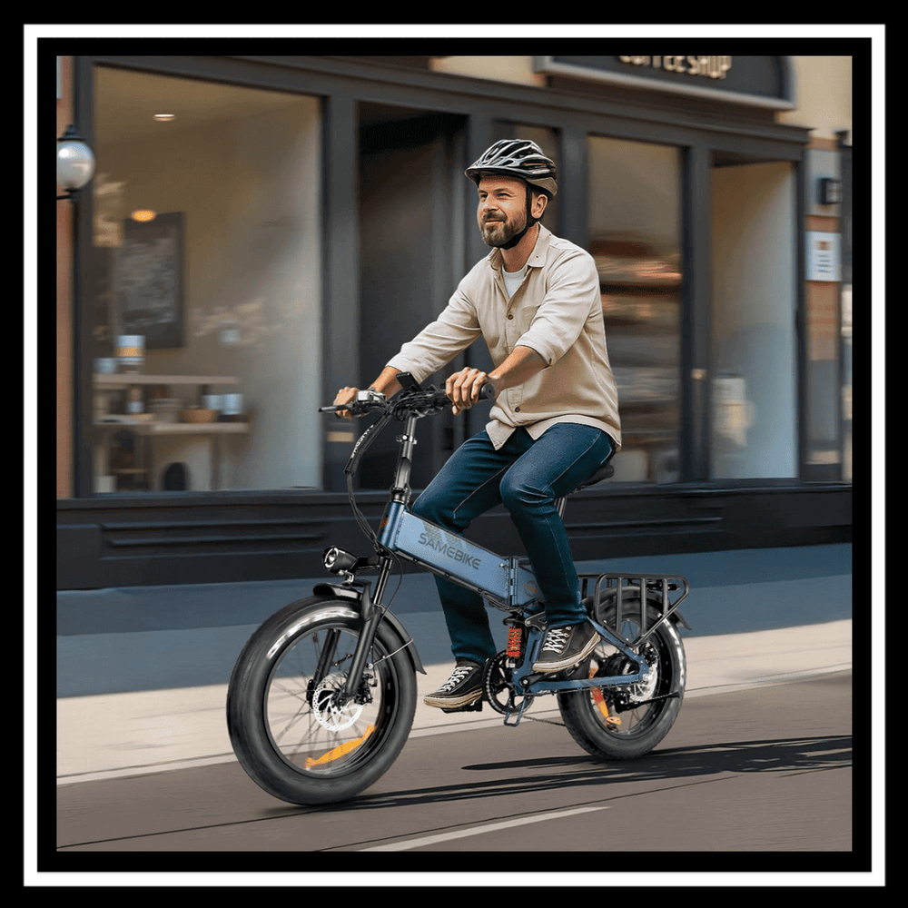 Man riding the Samebike RS-A02 Pro electric bike on a city street.