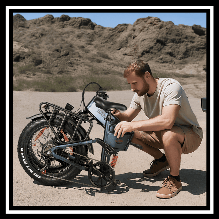 Man adjusting the Samebike RS-A02 Pro electric bike in a rugged terrain setting.