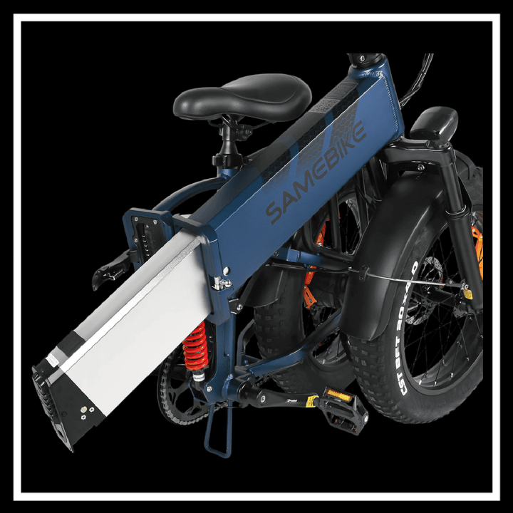 SAMEBIKE RS-A02 PRO rear view showing battery and fat tires, designed for power and off-road adventures.