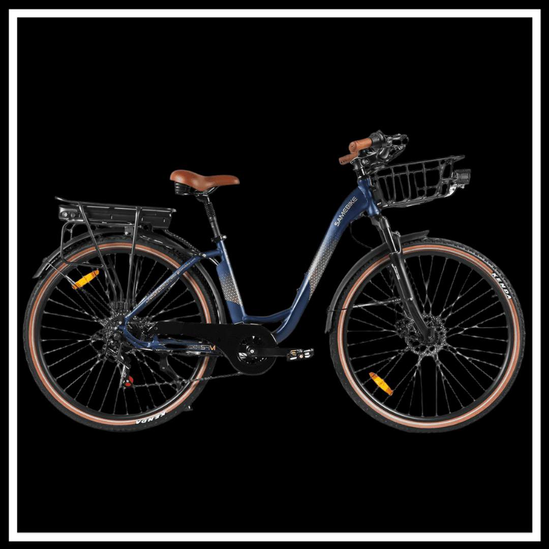 SAMEBIKE RS-A07 stylish city electric bike with 500W motor and triple suspension system for urban commuting.