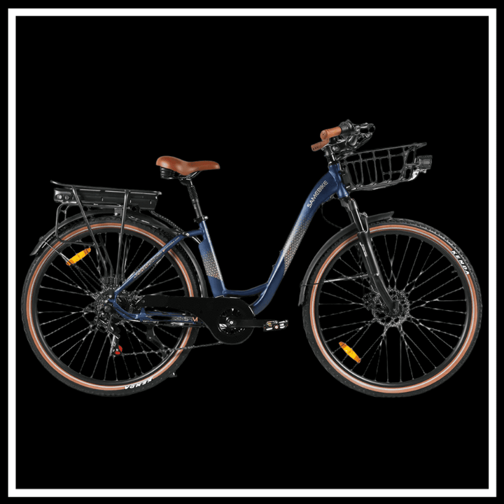 SAMEBIKE RS-A07 stylish city electric bike with 500W motor and triple suspension system for urban commuting.