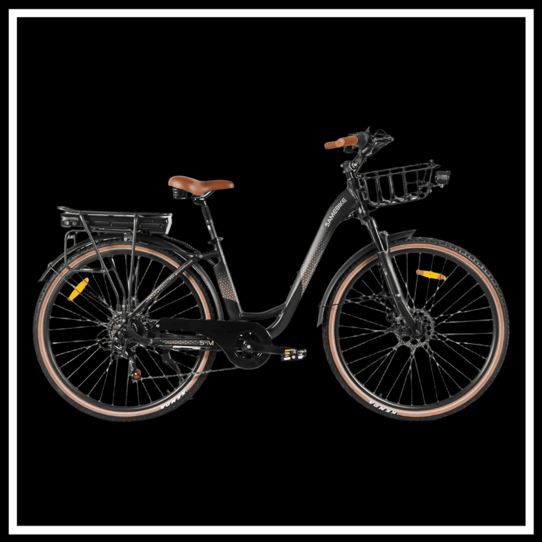 alt_tag: 🇮🇪🇪🇺 SAMEBIKE RS-A07 electric bike in black with brown seat and front basket for urban commuting.