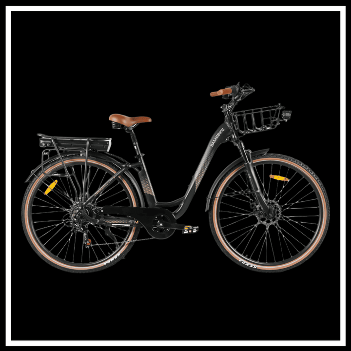 alt_tag: 🇮🇪🇪🇺 SAMEBIKE RS-A07 electric bike in black with brown seat and front basket for urban commuting.