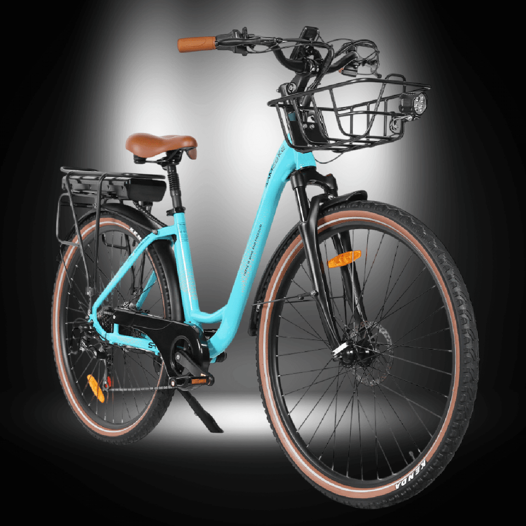 SAMEBIKE RS-A07 ELECTRIC BIKE in turquoise color with a stylish design and a front basket.