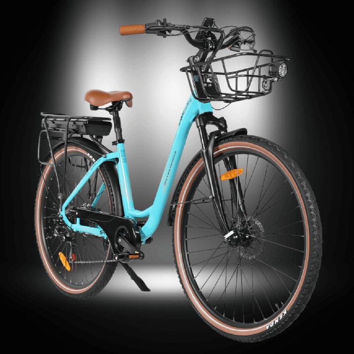 SAMEBIKE RS-A07 ELECTRIC BIKE in turquoise color with a stylish design and a front basket.
