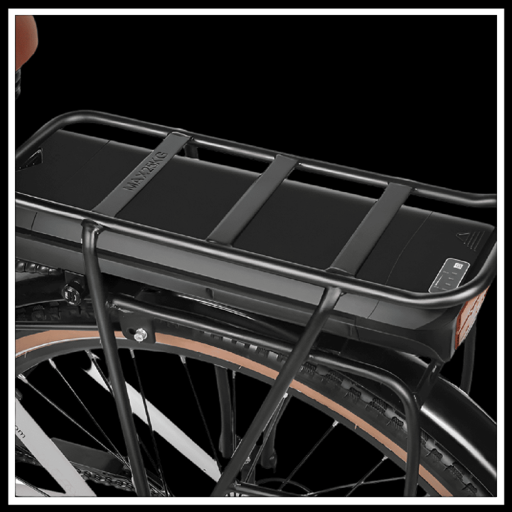 alt_tag: SAMEBIKE RS-A07 removable battery mounted on the rear rack for city electric bike.
