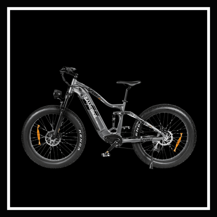 SAMEBIKE RSA08-II electric mountain bike with thick tires and robust design on a black background.