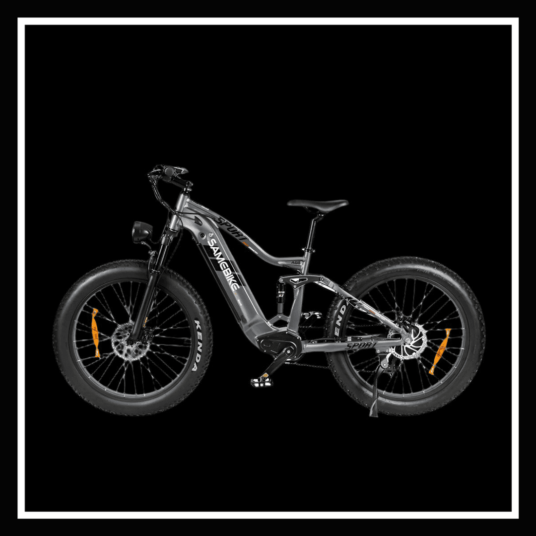 SAMEBIKE RSA08-II ELECTRIC BIKE showcasing sleek design and rugged tires for off-road adventures.