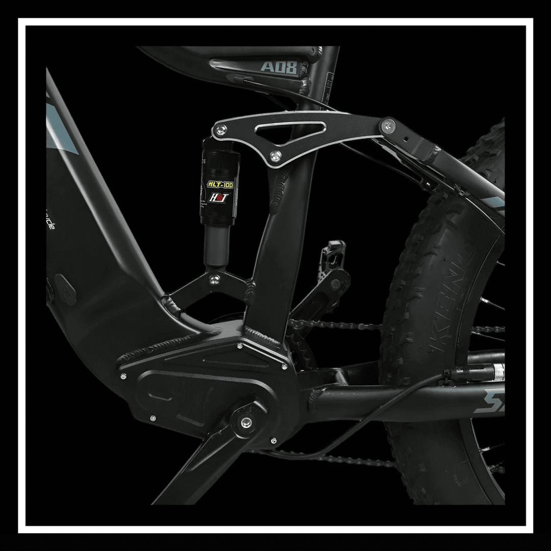 Close-up view of SAMEBIKE RSA08-II's rear suspension and powerful motor, showcasing its robust design for off-road biking.