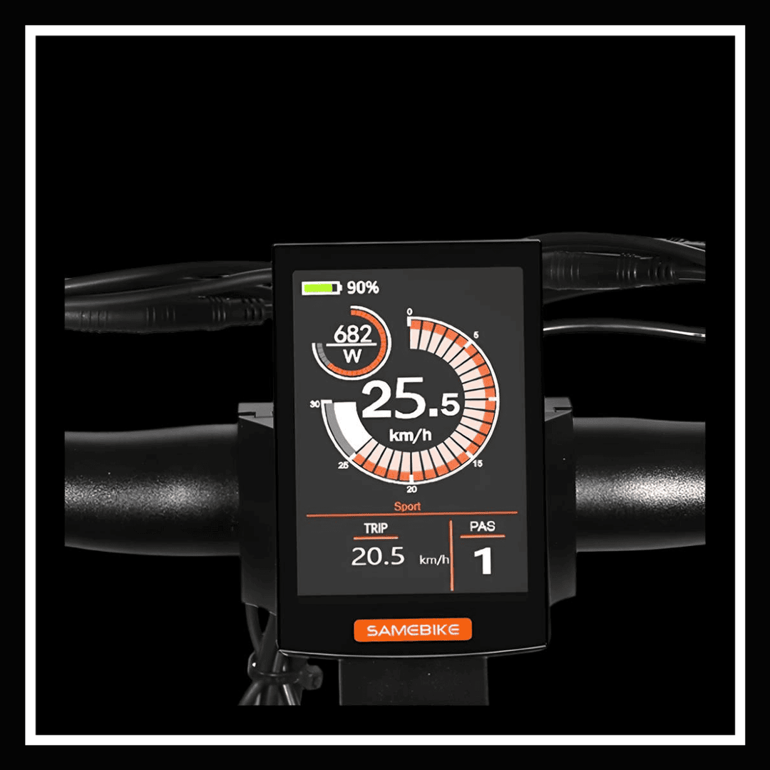 SAMEBIKE RSA08-II ELECTRIC BIKE display showing speed, power, and trip information.