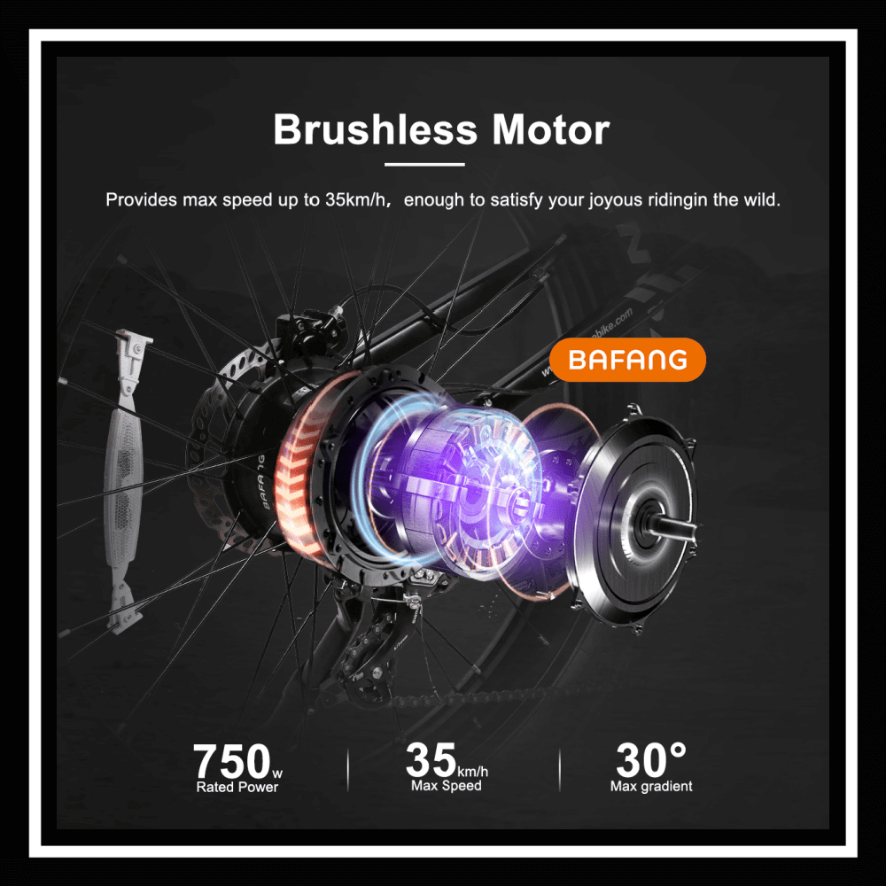 SAMEBIKE RSA08-II brushless motor showcases 750W power, achieving speeds of 35 km/h and tackling 30° inclines.