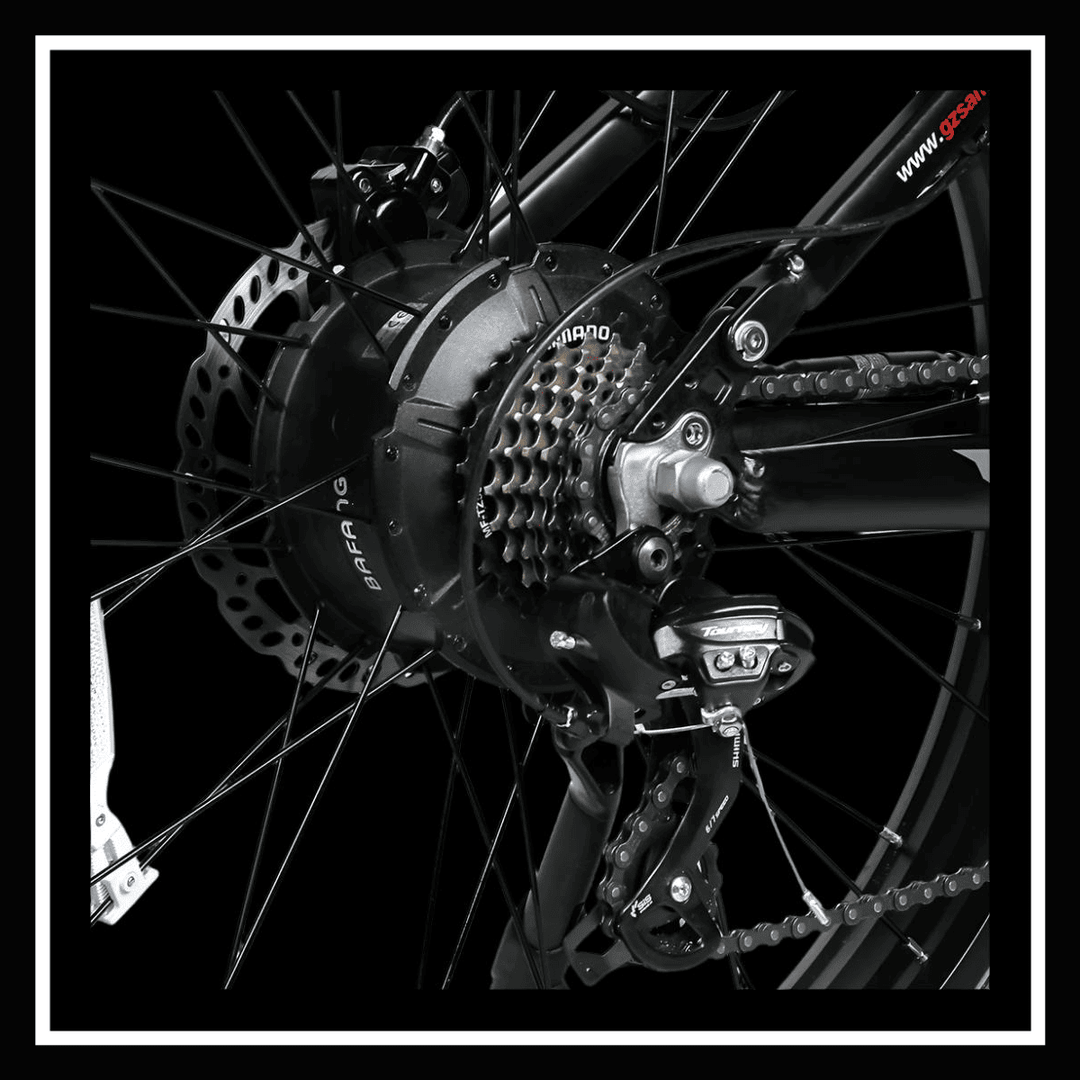 Detail view of the rear hub motor and drivetrain of the SAMEBIKE RSA08-II ELECTRIC BIKE.