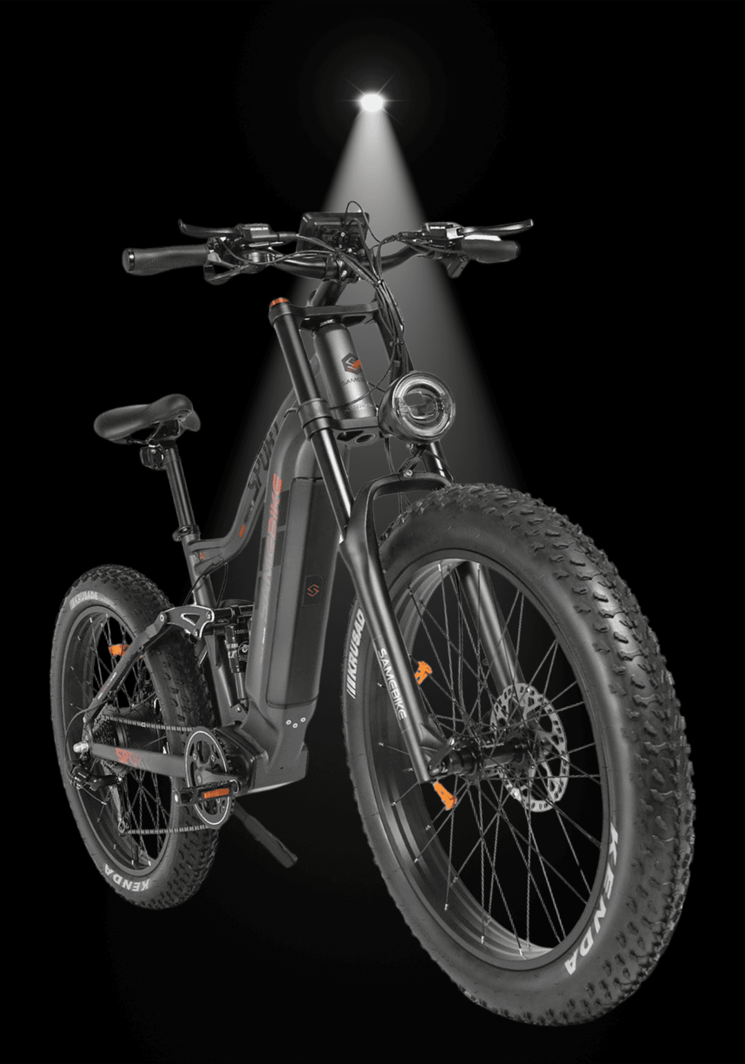 SAMEBIKE RSA08-II electric mountain bike with rugged tires and powerful lighting.
