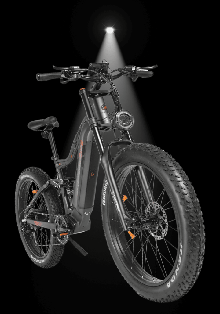 SAMEBIKE RSA08-II electric mountain bike with rugged tires and powerful lighting.