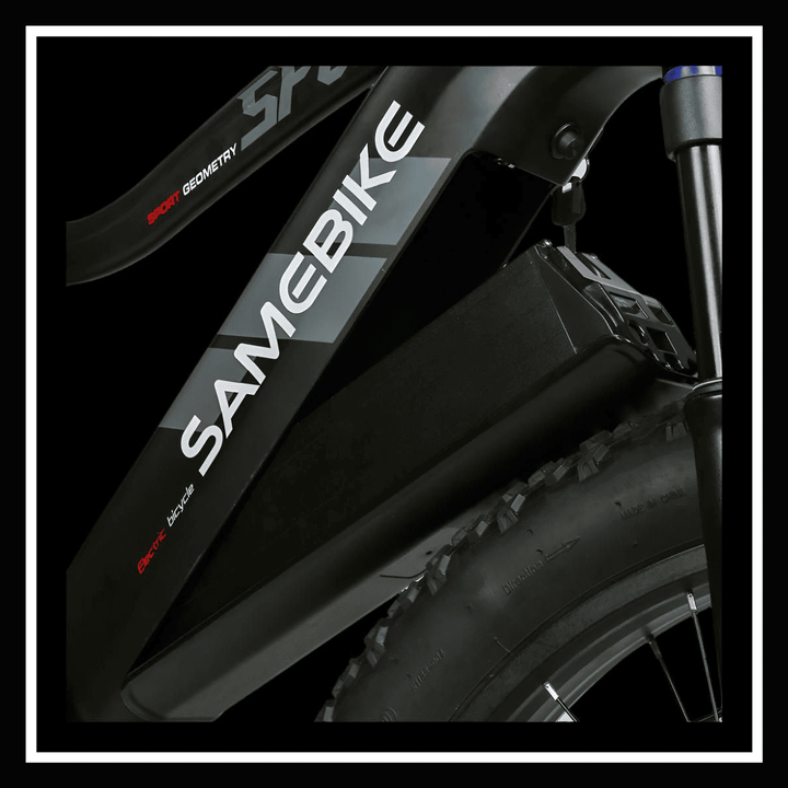 Close-up of SAMEBIKE RSA08-II ELECTRIC BIKE battery and frame for enhanced performance.