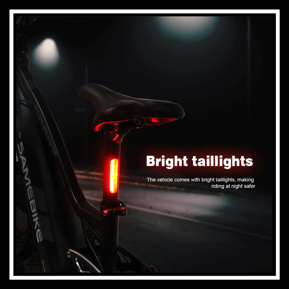alt_tag: SAMEBIKE RSA08-II with bright taillights enhancing safety for night rides.