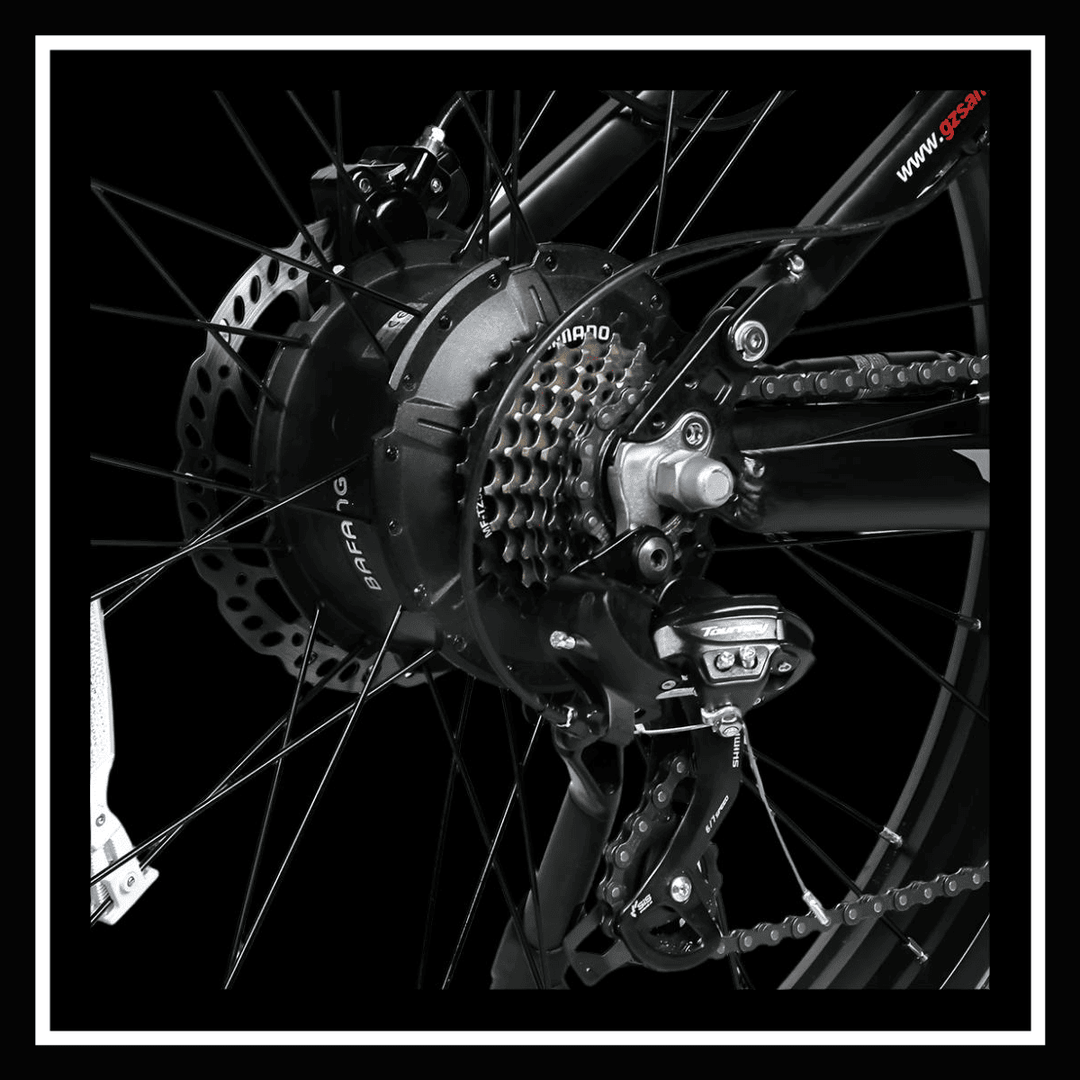 Close-up of the SAMEBIKE RSA08-II electric mountain bike motor showcasing its powerful 1000W brushless design.