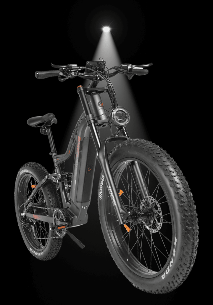 SAMEBIKE RSA08-II ELECTRIC BIKE showing the sleek design and powerful features under spotlight.