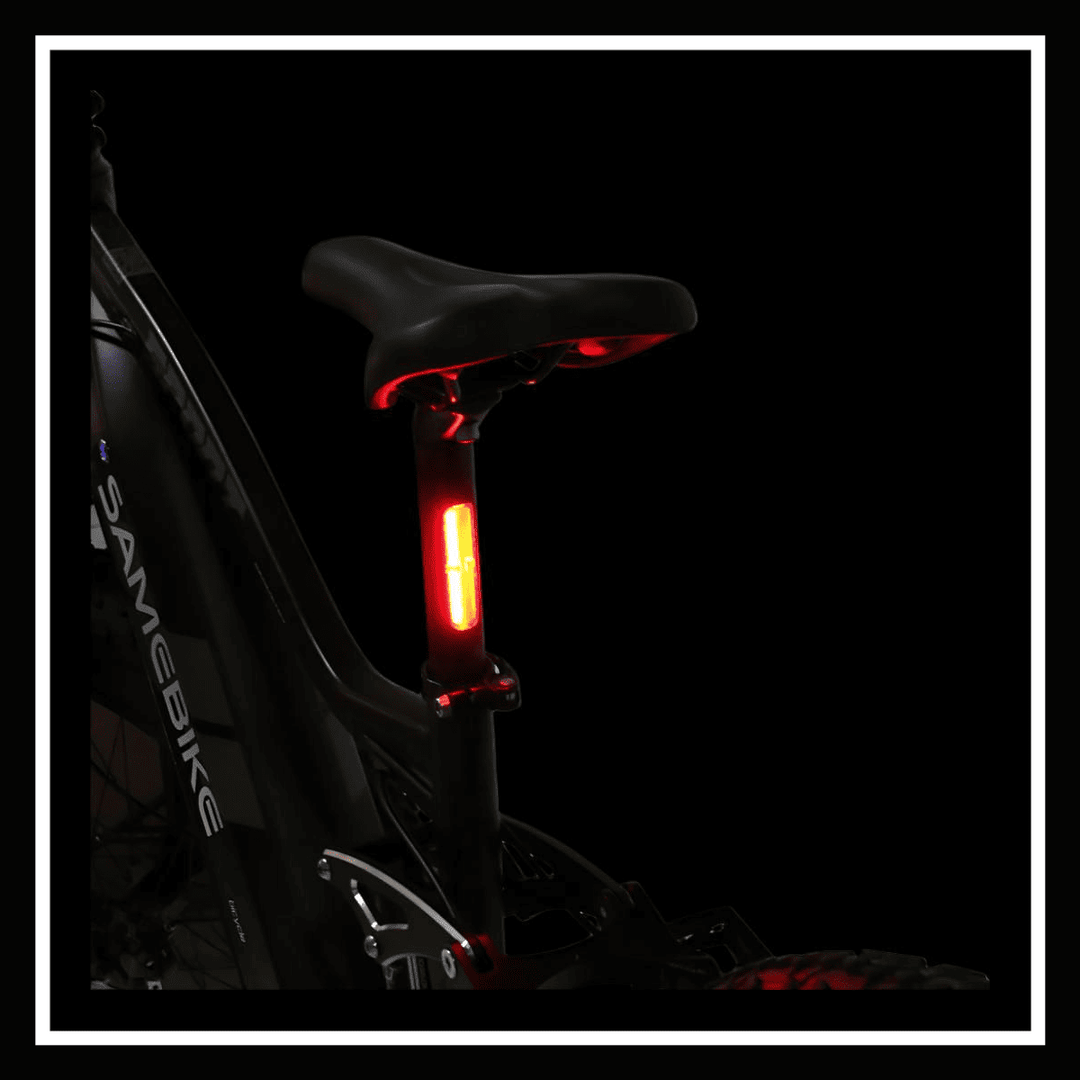 SAMEBIKE RSA08-II electric mountain bike with illuminated seat post for safety at night.