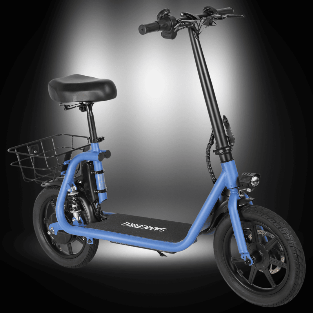 SAMEBIKE SM-C02 500W e-scooter in blue with a basket, dual suspension, and stylish design.