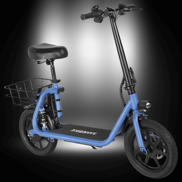 SAMEBIKE SM-C02 500W e-scooter in blue with a basket, dual suspension, and stylish design.
