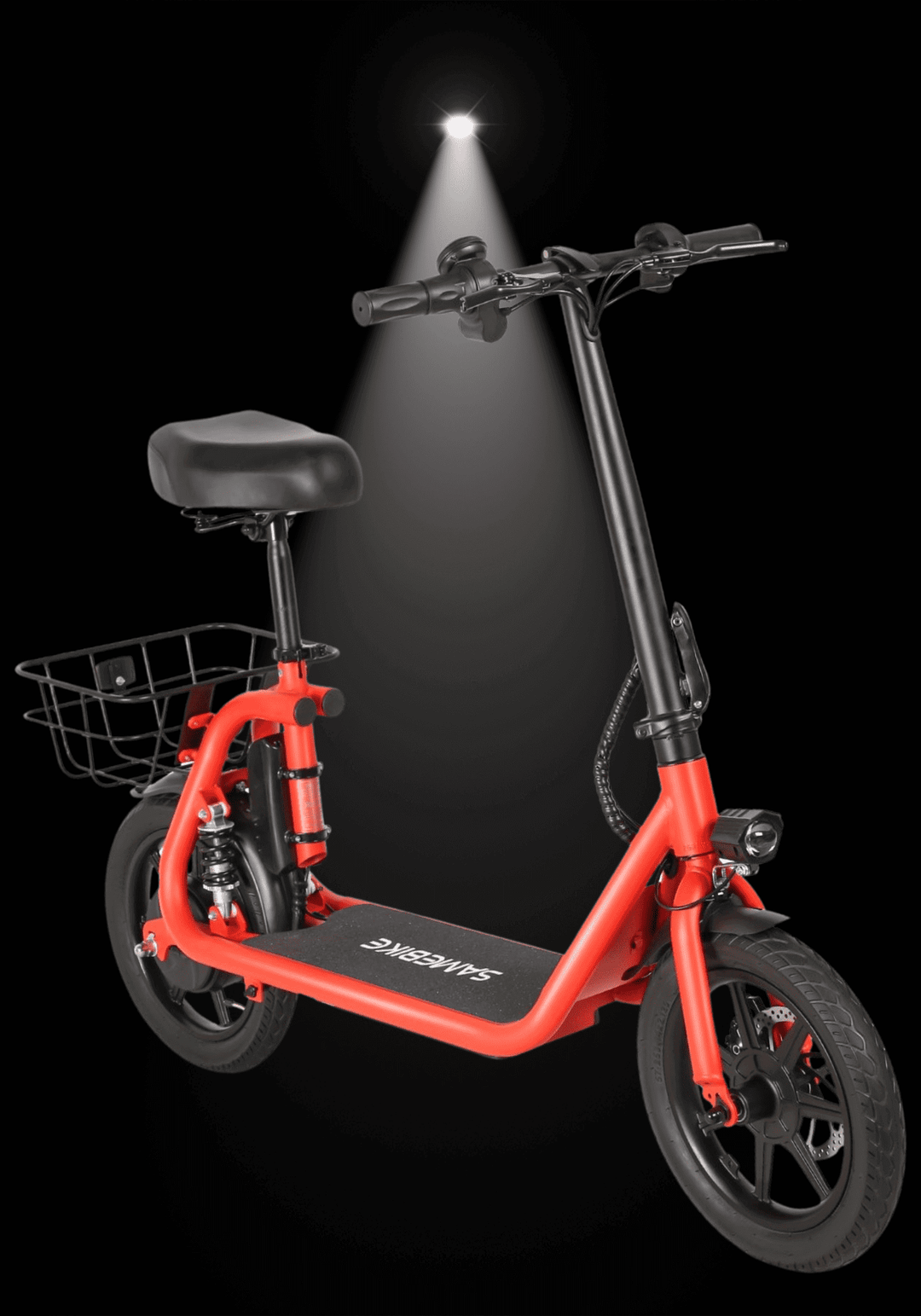 SAMEBIKE SM-C02 500W ELECTRIC BIKE in vibrant red color with a basket, showcased under spotlight.