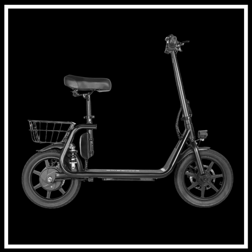 SAMEBIKE SM-C02 500W e-scooter design with basket and comfortable seat, showcasing its urban mobility features.