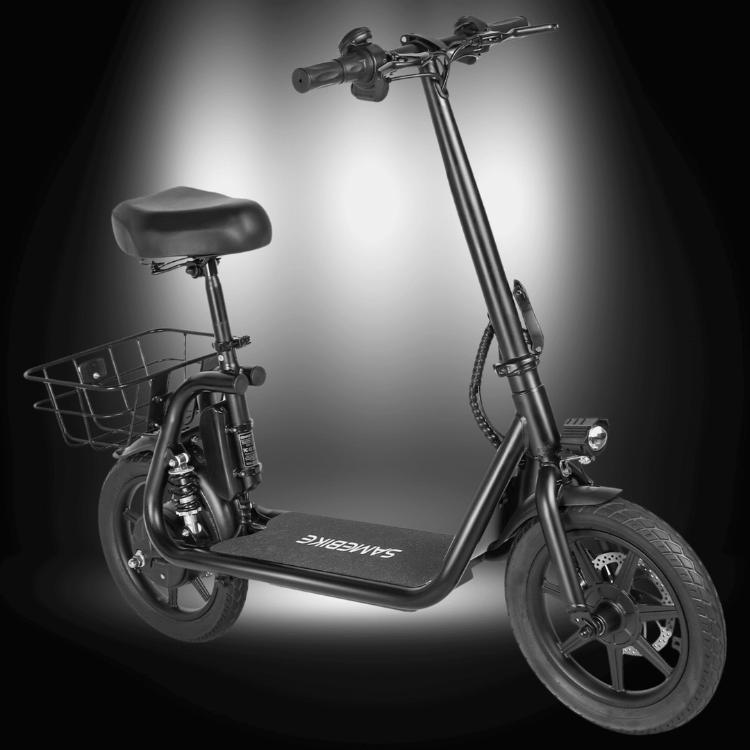 SAMEBIKE SM-C02 500W e-scooter with seat, basket, and sleek design, perfect for urban commuting.