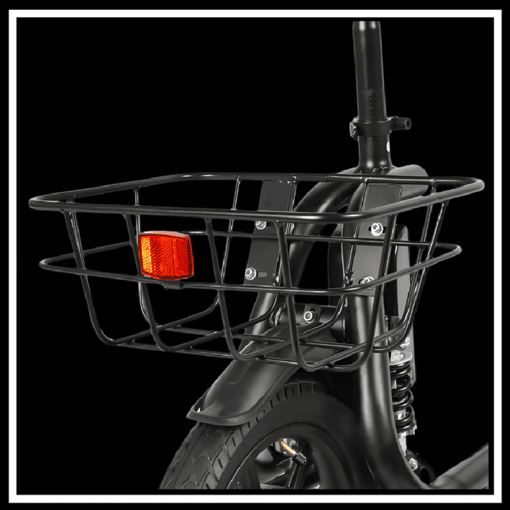 Rear view of SAMEBIKE SM-C02 500W showing sturdy basket and safety light for urban commuting.