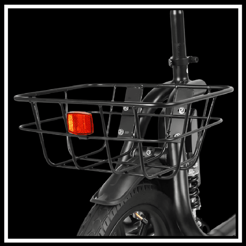 Rear view of SAMEBIKE SM-C02 500W showing sturdy basket and safety light for urban commuting.