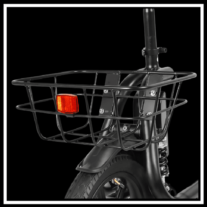 Rear view of SAMEBIKE SM-C02 500W showing sturdy basket and safety light for urban commuting.