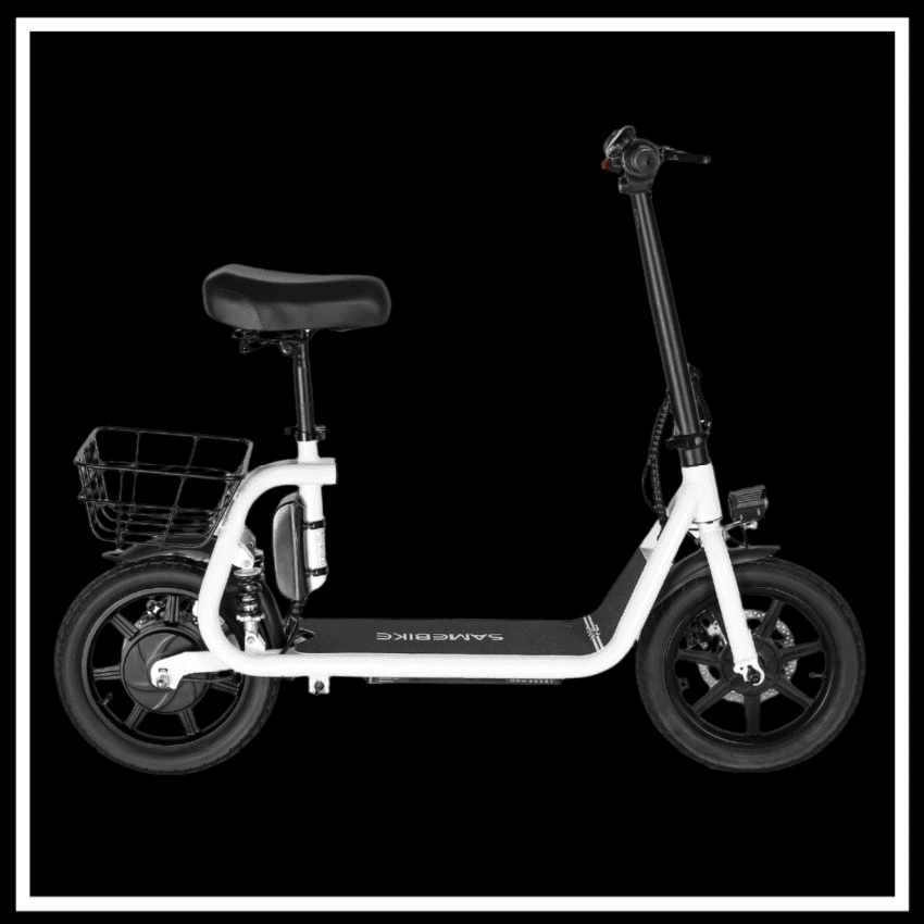 SAMEBIKE SM-C02 500W e-scooter in white with a seat and rear basket against a black background.