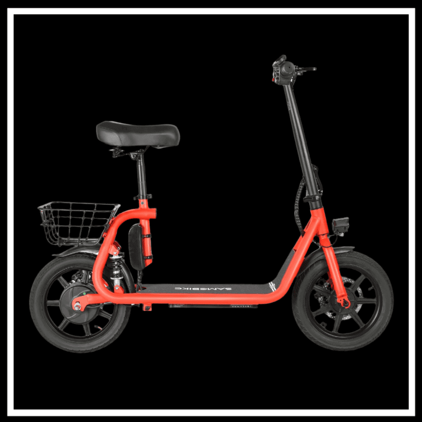 🇮🇪🇪🇺🇬🇧 SAMEBIKE SM-C02 500W e-scooter in red with basket, showcasing its sleek urban design.