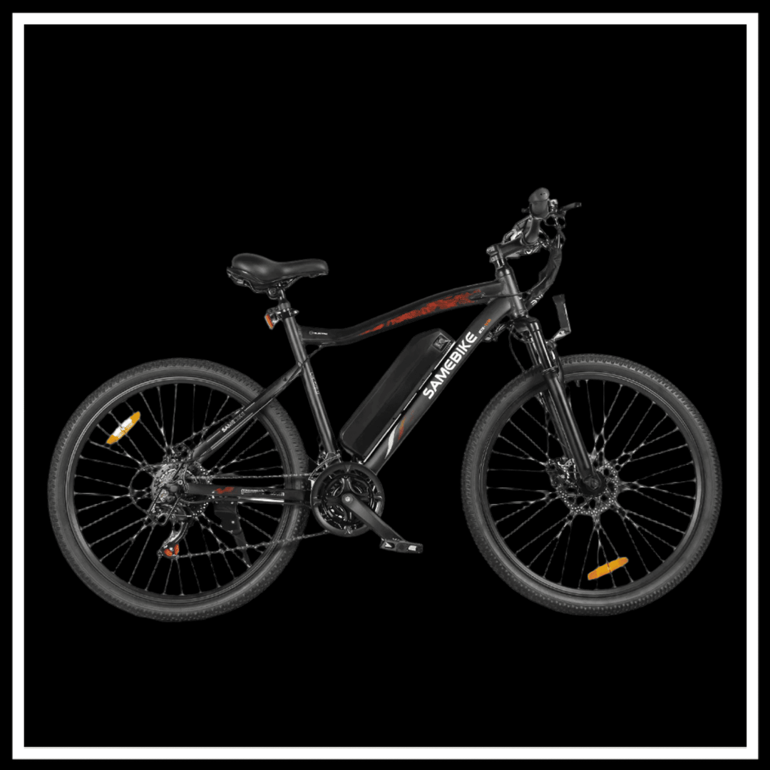 Electric bike SAMEBIKE SY26-II on a black background, featuring a powerful motor and robust design for urban commuting.