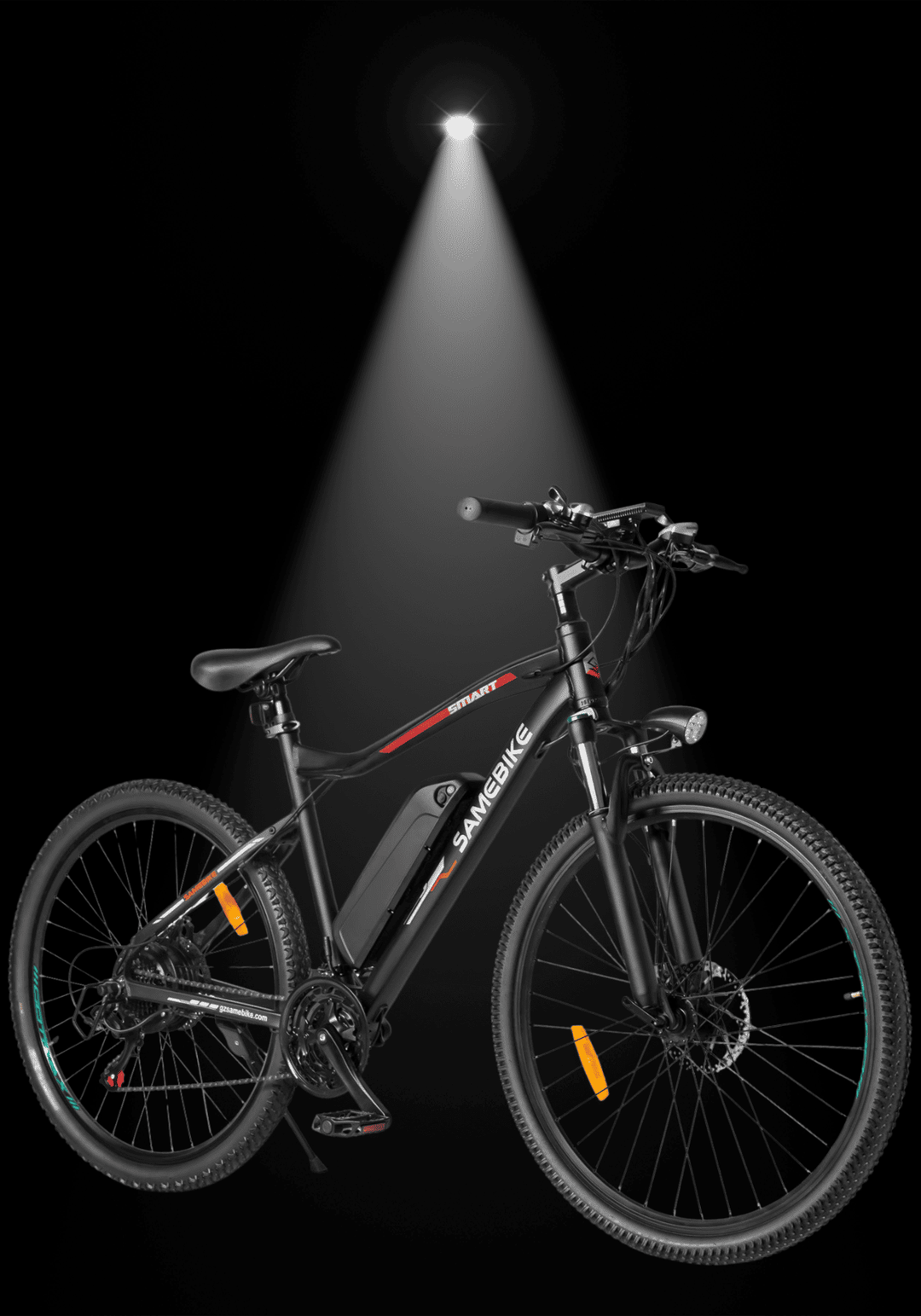 SAMEBIKE SY26-II Electric Commuter Bike under spotlight showcasing its design and features.
