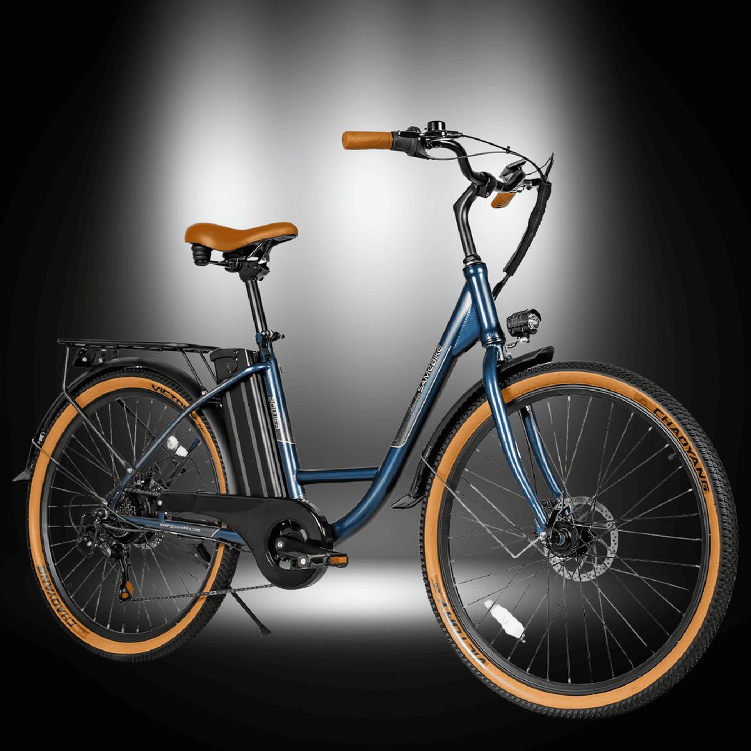 SAMEBIKE TDE10Z electric bike in blue with tan accents for urban commuting and travel.