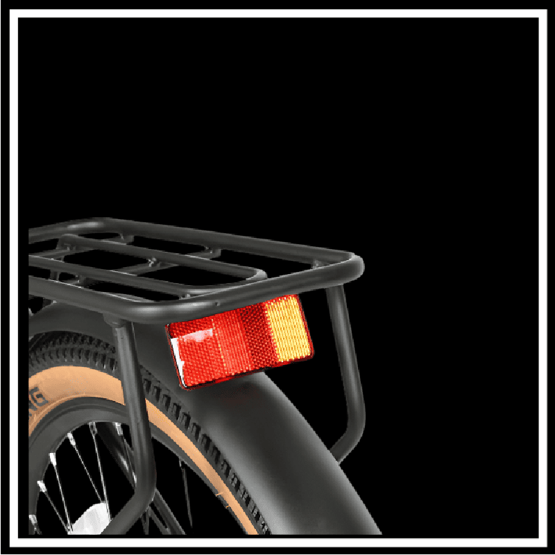 SAMEBIKE TDE10Z rear light and rack showcasing urban e-bike design and functionality.