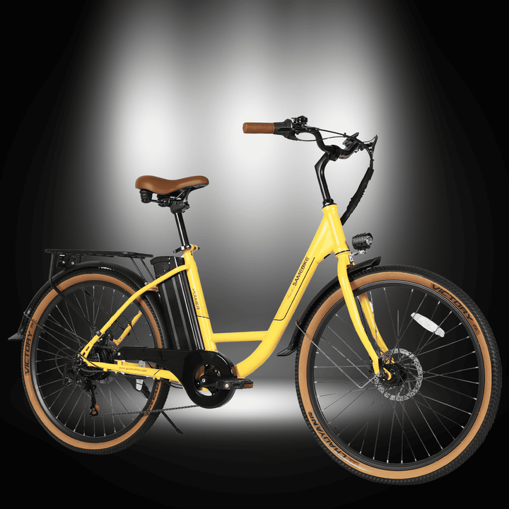 🇮🇪🇪🇺 SAMEBIKE TDE10Z stylish yellow commuter electric bike with brown saddle and robust wheels.