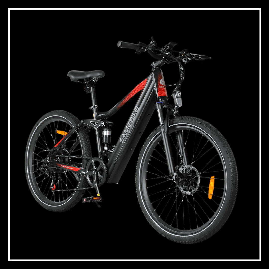 SAMEBIKE XD26-II electric bike showcasing its sleek design and features on a black background.