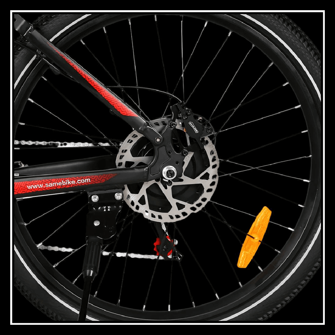 SAMEBIKE XD26-II electric bike rear wheel showing disc brake and pedal assist features.