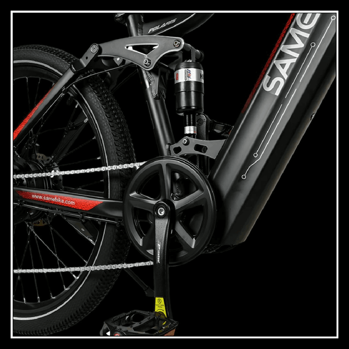 SAMEBIKE XD26-II electric bike close-up showing the drivetrain and dual suspension features.