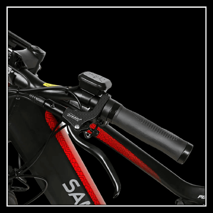 Handlebars of the SAMEBIKE XD26-II featuring gear shifters and comfortable grips for an enhanced riding experience.