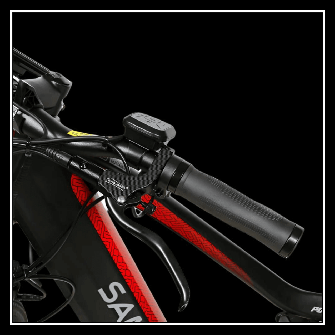 Handlebars of the SAMEBIKE XD26-II featuring gear shifters and comfortable grips for an enhanced riding experience.
