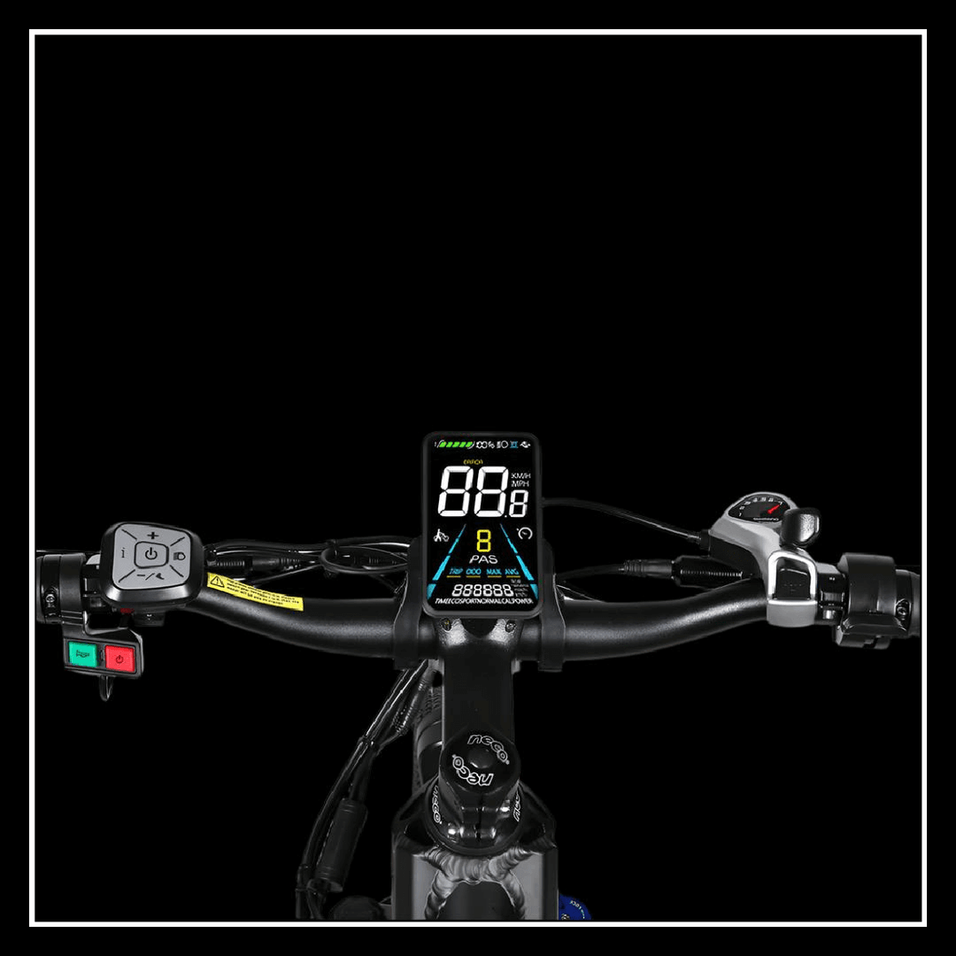 SAMEBIKE XD26-II electric bike display showing speed, battery life, and mode settings.