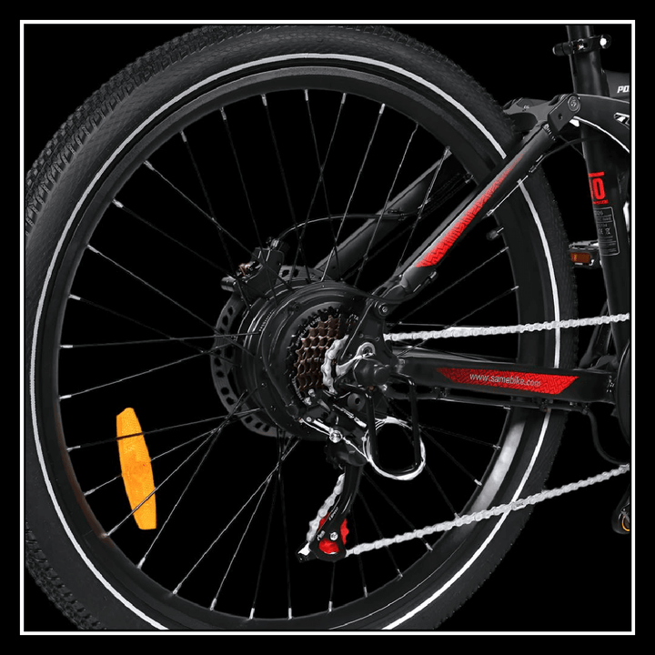 SAMEBIKE XD26-II electric bike rear wheel and motor with dual suspension in sleek black design.