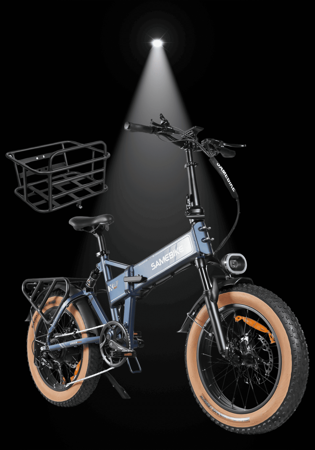 SAMEBIKE XWLX09 II electric bike with a foldable design and basket under a spotlight.